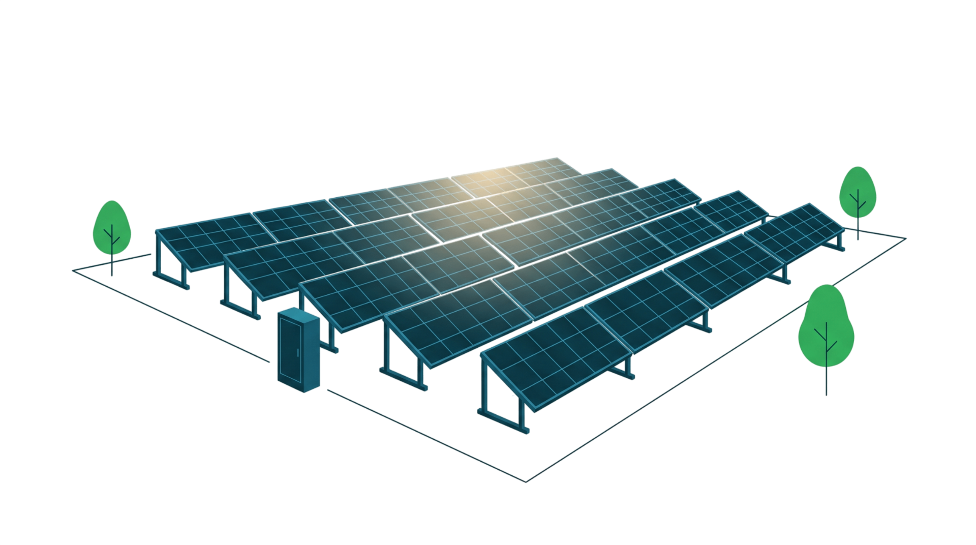 Illustration of a ground-mounted utility-scale solar array at sunrise